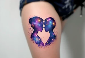 A galaxy-filled silhouette of twin figures, blending purples, blues, and glowing stardust effects. tattoo idea