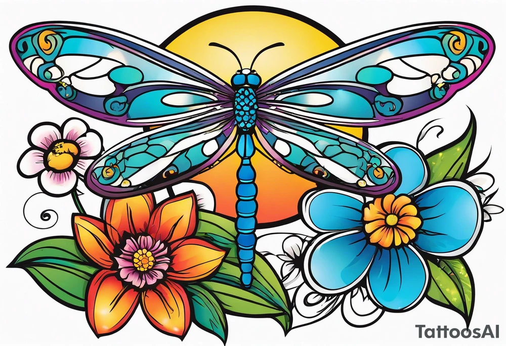Dragonflies and flowers tattoo idea