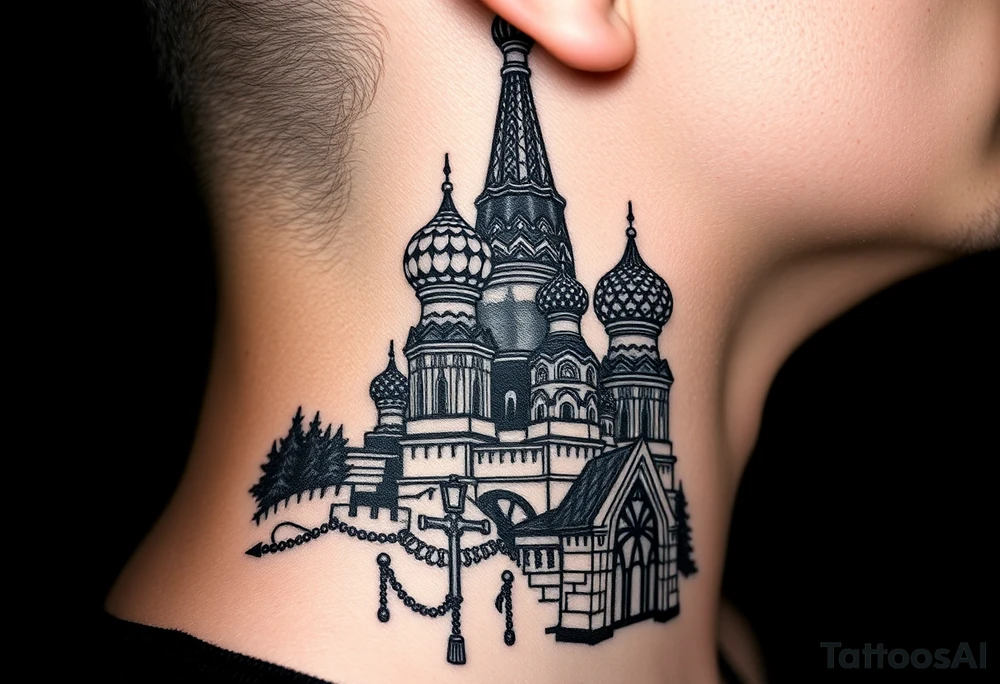 St. Basil's Cathedral scene with a christian orthodox in a ak47 style with a beaded orthodox thurible chain tattoo idea