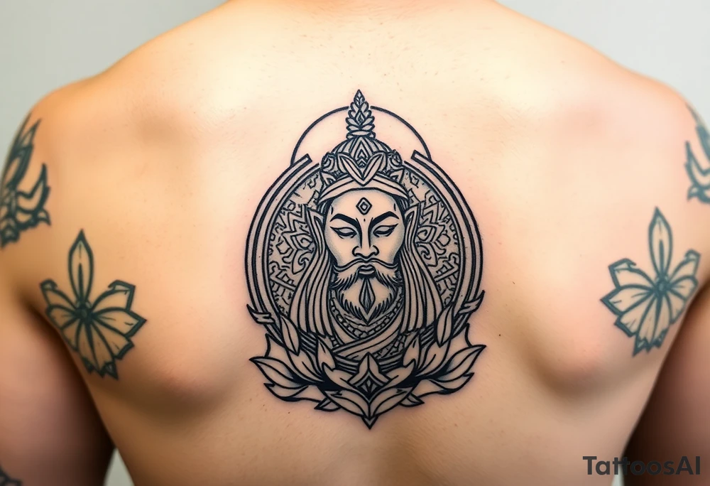 "Tibetan thangka tattoo but deity is a crypto wallet with QR face. Geometric patterns, black/red ink." tattoo idea