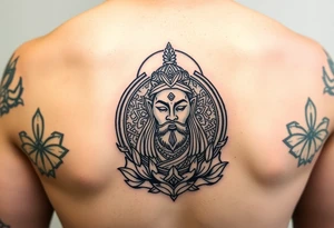 "Tibetan thangka tattoo but deity is a crypto wallet with QR face. Geometric patterns, black/red ink." tattoo idea