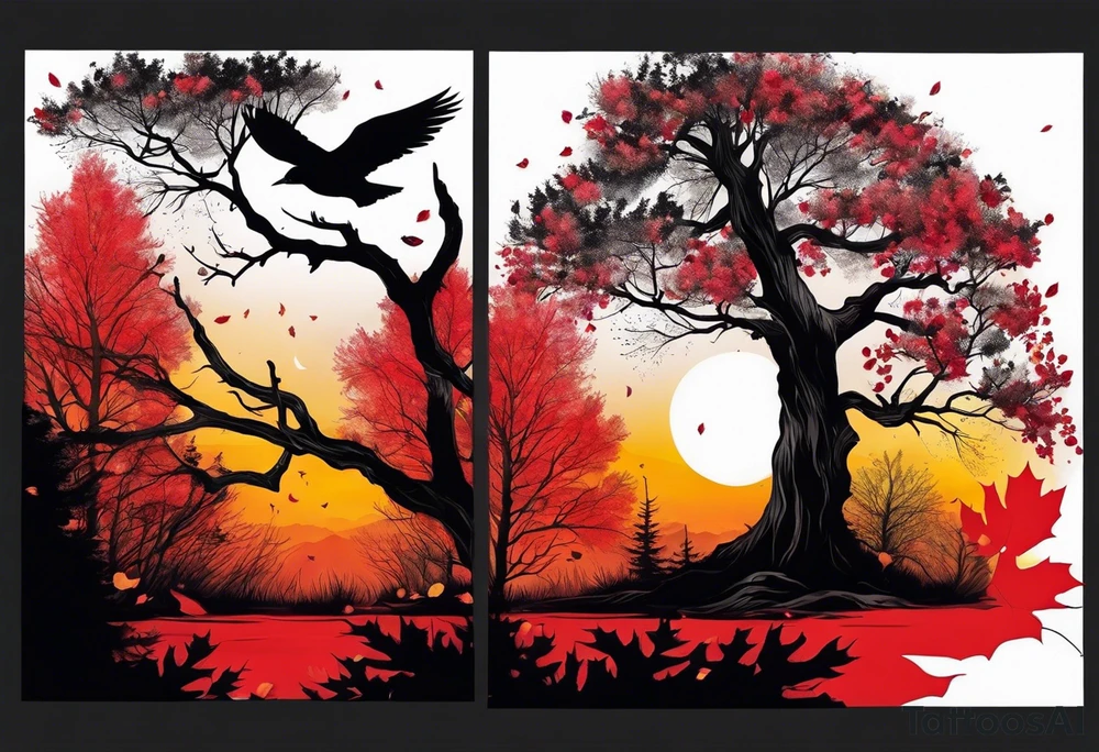 trash polka style. Arm tattoo. chest tattoo. Long tattoo. large tattoo. Full sleeve. Shoulder. A single large maple tree with red autumn leaves that branches upwards from wrist to shoulder. White-throated dipper bird on the trees branches. Calluna flowers at the base of the trees stem. Tree stem has dark colors. Red/yellow sunset behind the trees stem. Leaves falling. tattoo idea