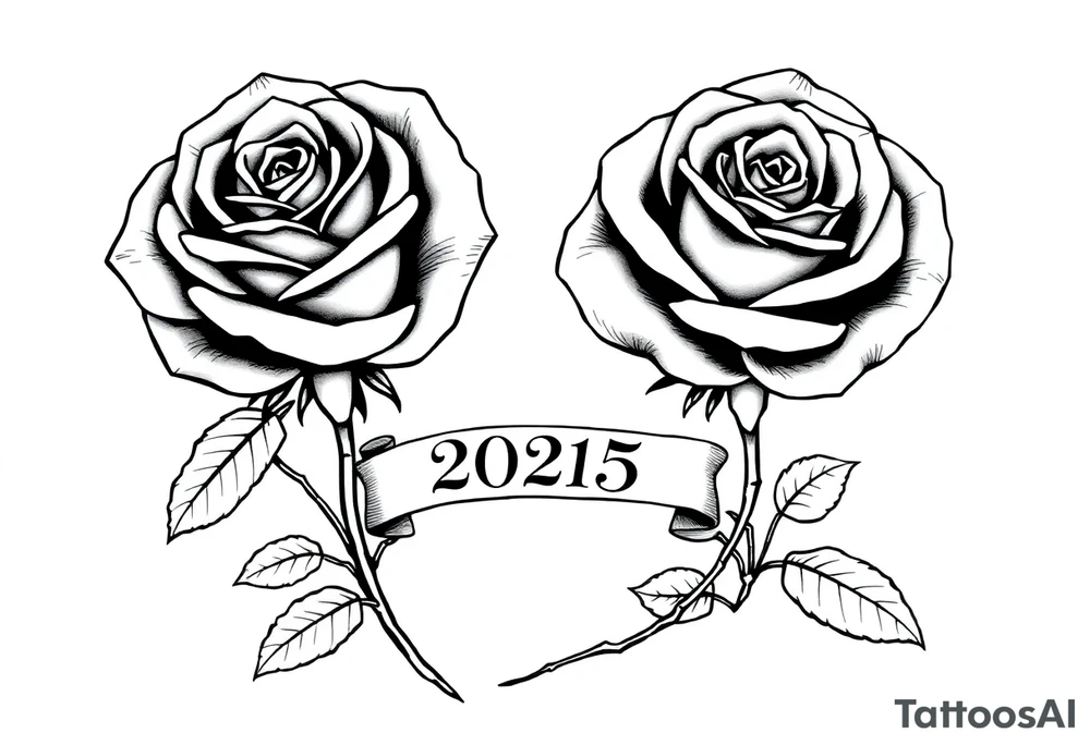 two beautiful large rose buds, one larger than the other, with many leaves next to the rose buds, with one sitting higher than the other. Include a banner connecting the two roses with the year "2025" on it.   Use dark outlines with little shading. The two stems should be short, not long, and connect and join into one stem, whimsically curved or twisted - not straight down. tattoo idea