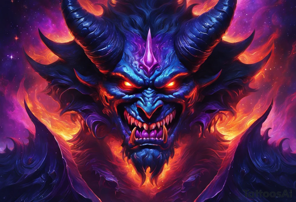 Dominant demonic figure, formidable face with royal king features, has a evil grin and a bit of open mouth with glimpse of devil fang teeth, similar to skull features, framed by deep-set glowing galaxy eyes, head has prominent purple deep blue flames (No horns). colour scheme is recognizable swirling galaxy-shaped textures with fiery peacock blue green turquoise colour highlights. orange highlights. 
Head will have visible prominent braids in koru maori style with 3-5 hawk feather ends. 

it will frontal totem figure and will sit on top of huge torii gate (Japanese) tattoo idea