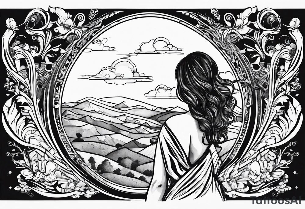 dog in the sky reaching hand of a woman and woman as her back facing us tattoo idea