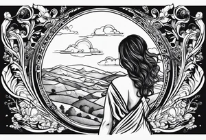 dog in the sky reaching hand of a woman and woman as her back facing us tattoo idea