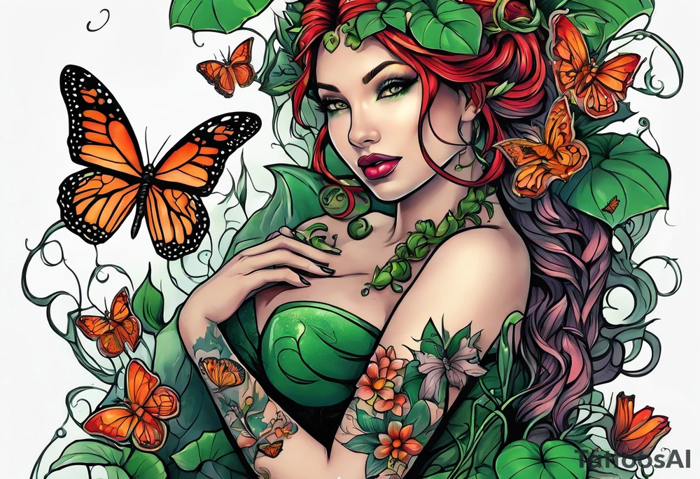 poison ivy wrapped around a hand holding water lilies surrounded with butterflies around with “Zane”, “Nate”, “Jaiden” tattoo idea