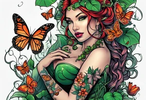 poison ivy wrapped around a hand holding water lilies surrounded with butterflies around with “Zane”, “Nate”, “Jaiden” tattoo idea