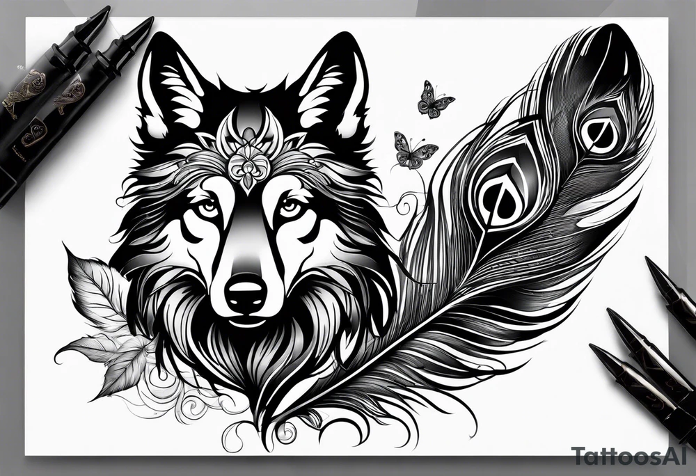 Peacock feather and wolf puppy with butterfly tattoo idea