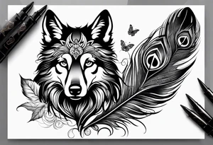 Peacock feather and wolf puppy with butterfly tattoo idea