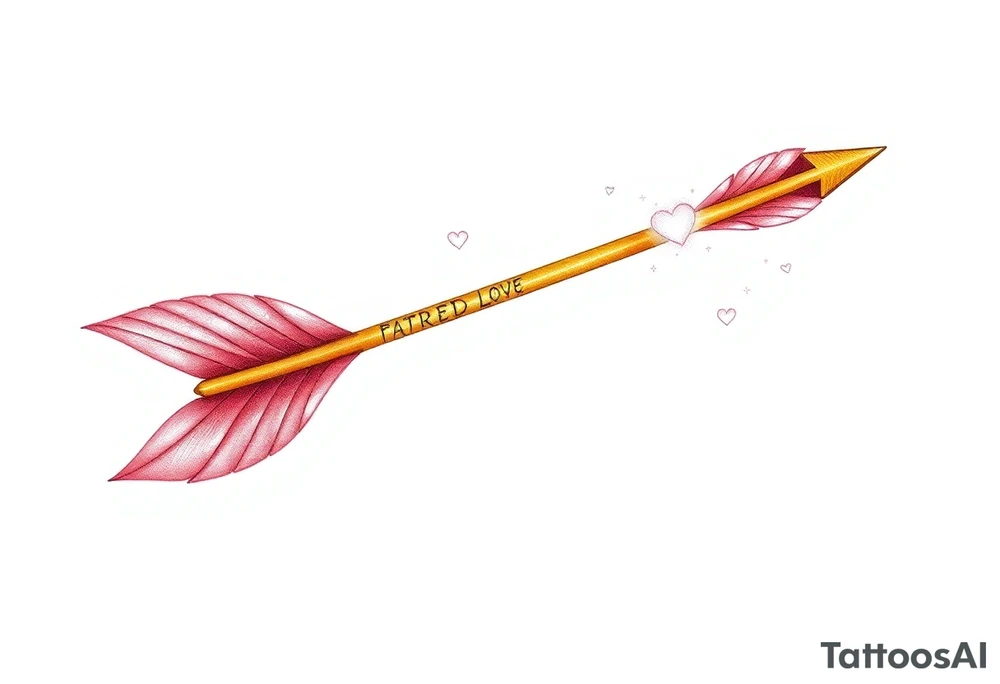 A sleek golden arrow with an intricately carved runic inscription along the shaft, symbolizing a fated love. The arrow’s feathered fletching is detailed with soft pink and red hues, while the arrowhead glows with a subtle silver light, representing destiny. Surrounding the arrow are tiny floating hearts and sparkles, creating a mystical aura of passion and devotion. The design gives the impression of the arrow mid-flight, striking straight into the heart of love. tattoo idea
