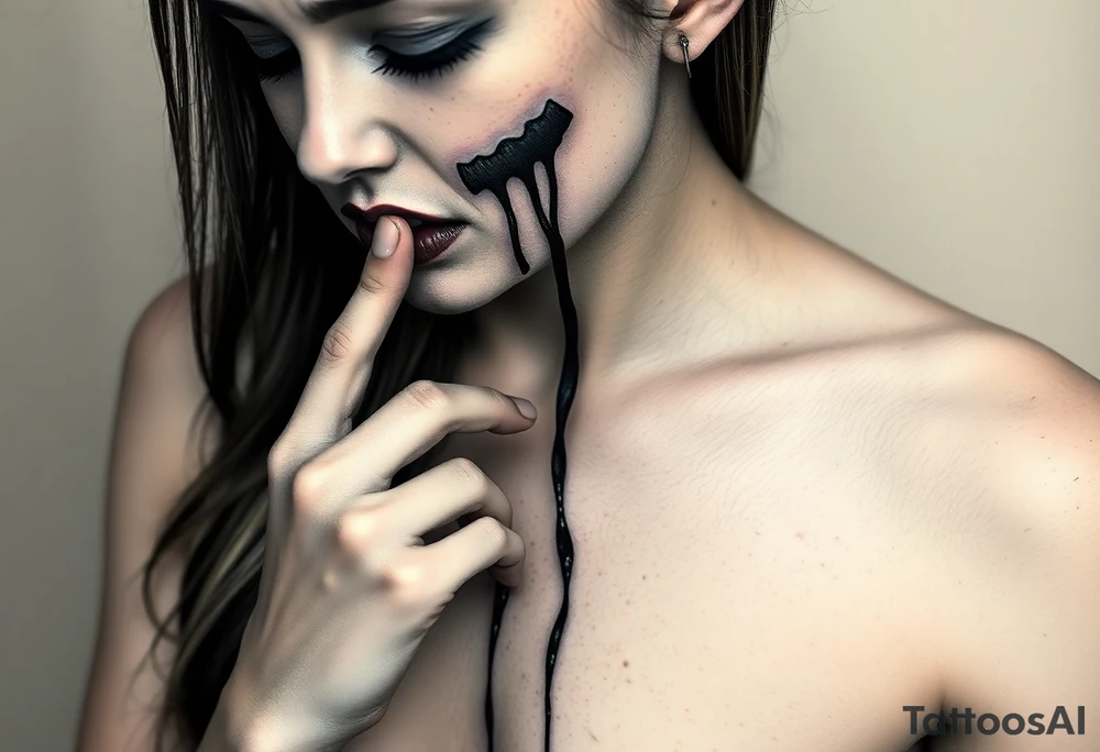Women that's looking down with her eyes closed shut and her index finger to her mouth and has both of her ears bleeding with the blood dripping down her face as her long hair flows down the side of her back and chest tattoo idea