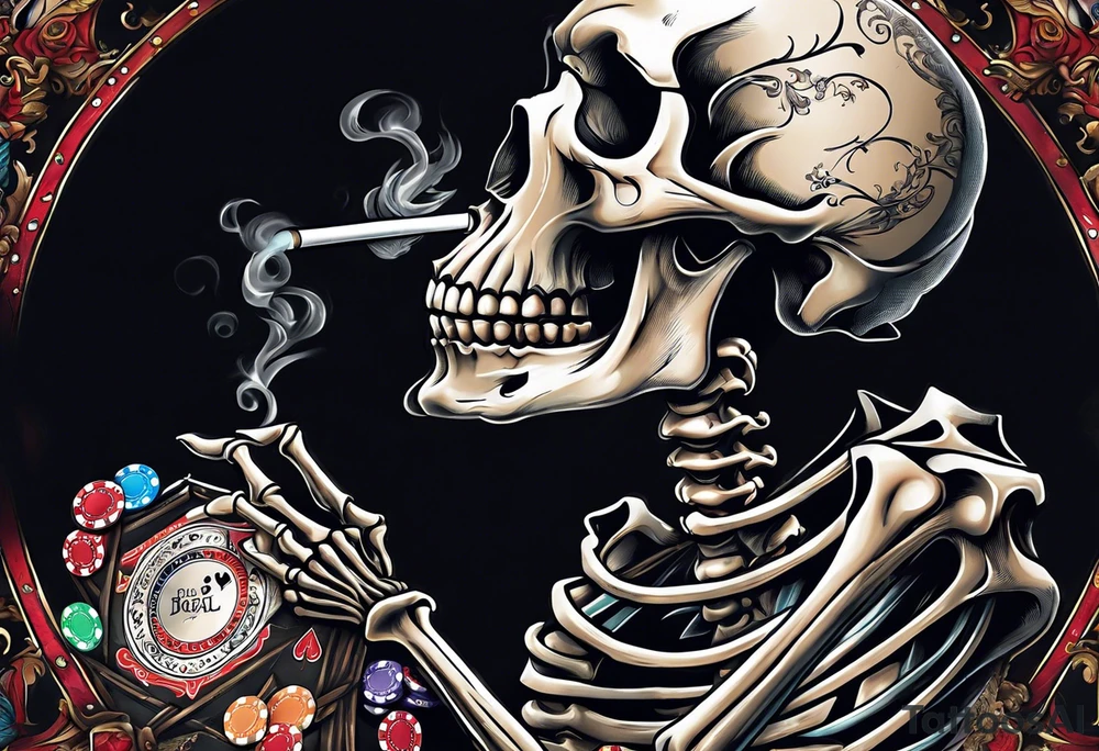 skeleton smoking cigar with poker chips, dealing the cards
"Don't deal with the devil" tattoo idea