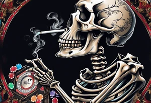 skeleton smoking cigar with poker chips, dealing the cards
"Don't deal with the devil" tattoo idea