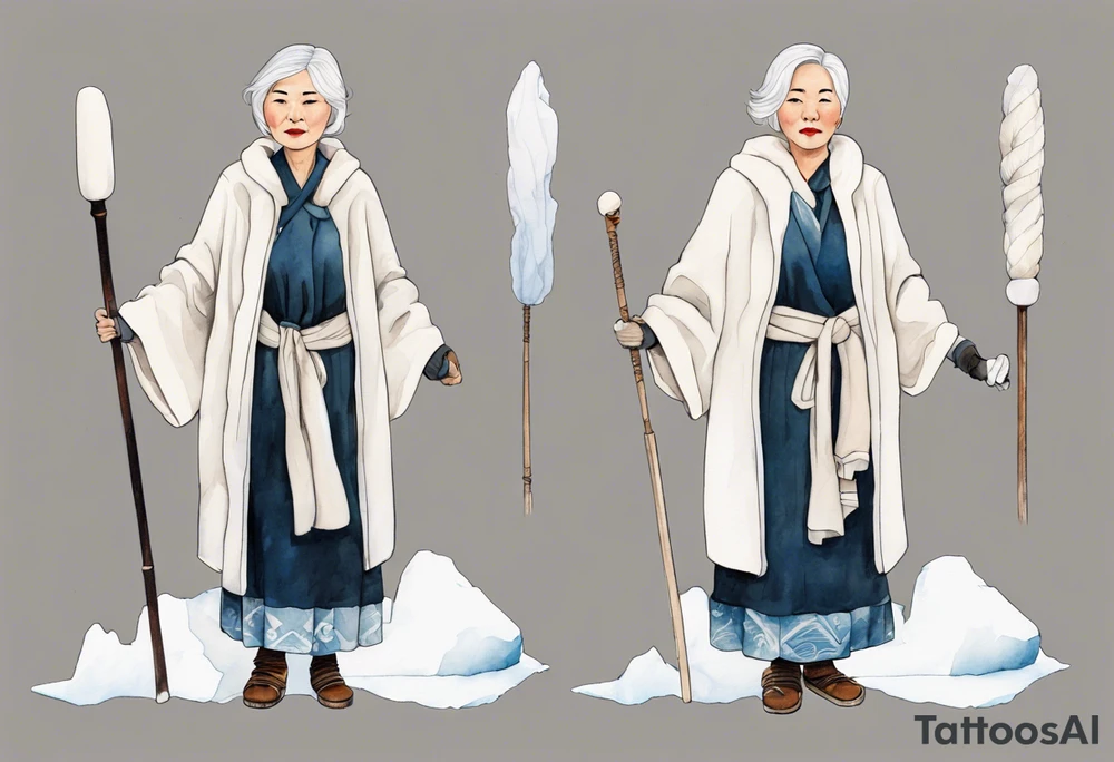 a middle aged Inuit woman with white hair and a white robe and white mittens and mukluks holding a plain white staff, standing on an iceberg tattoo idea