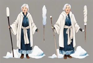 a middle aged Inuit woman with white hair and a white robe and white mittens and mukluks holding a plain white staff, standing on an iceberg tattoo idea