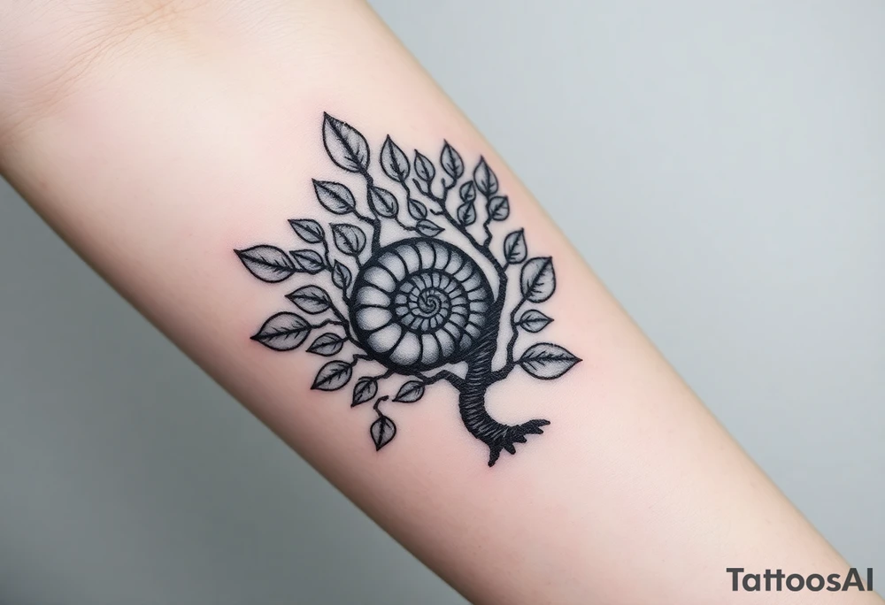 Fibonacci spiral shell inside of tree full of lots of leaves tattoo idea