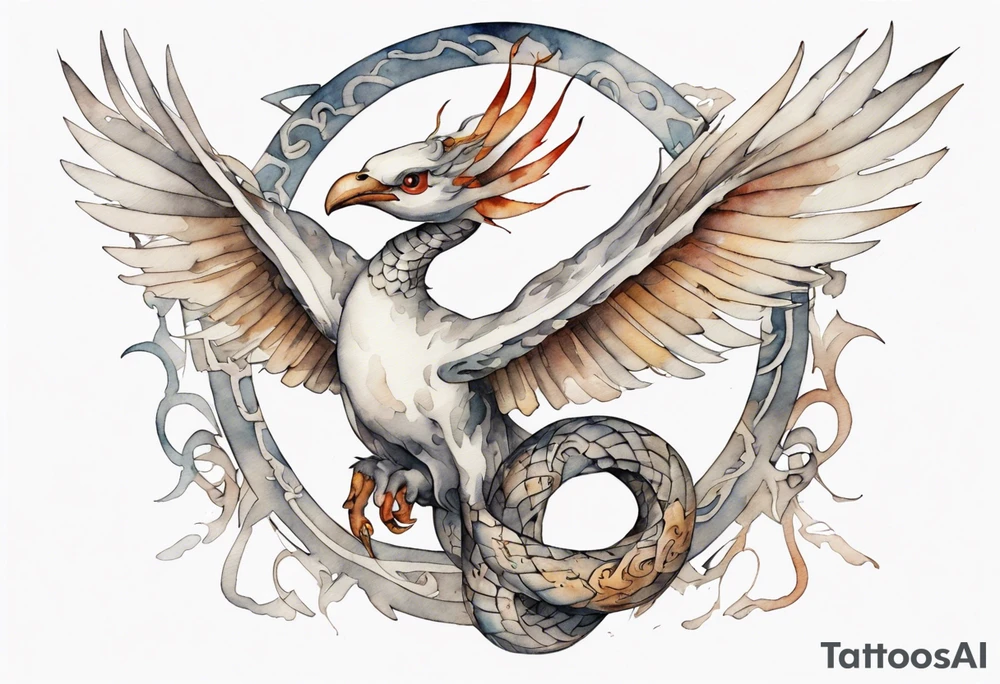 a watercolor of a white bird-serpent hybrid wearing an iron crown, flying tattoo idea