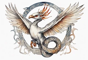 a watercolor of a white bird-serpent hybrid wearing an iron crown, flying tattoo idea
