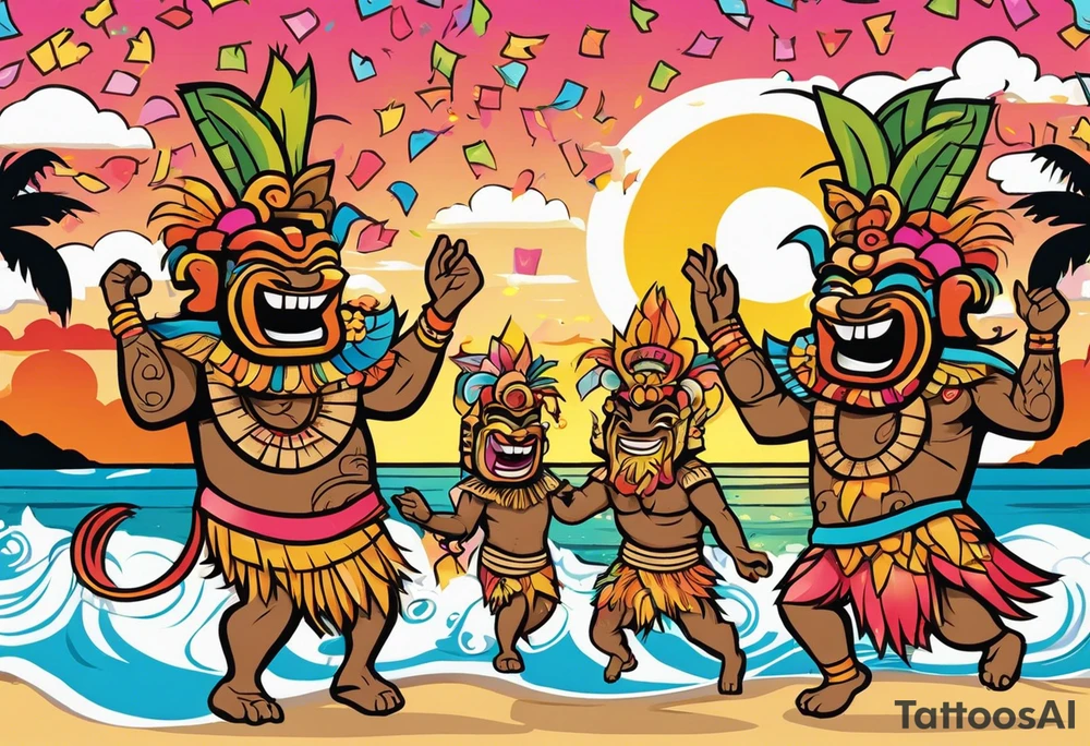 dancing tiki gods dance party on the beach with a sunset in the center of the image with confetti and music notes tattoo idea