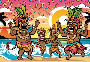 dancing tiki gods dance party on the beach with a sunset in the center of the image with confetti and music notes tattoo idea