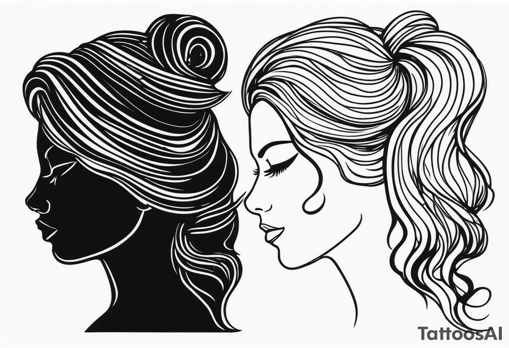black filled in couple head silhouette woman on right long hair tattoo idea