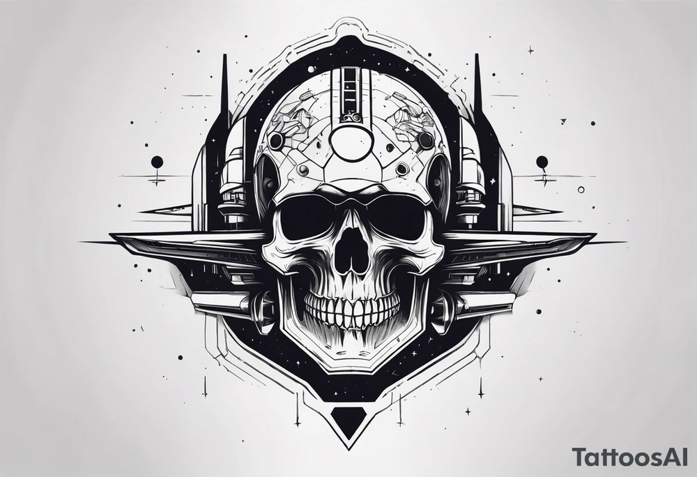Powerful skull with an engine, also the dseign must be vertical. Also, the desing must be minimalistic not saturated. Remember the vertical proportion of the design. Within the design appears a spaceship with stars tattoo idea