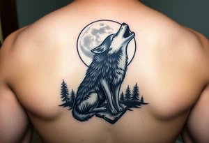 lone wolf howling at full moon with northern lights backdrop tattoo idea