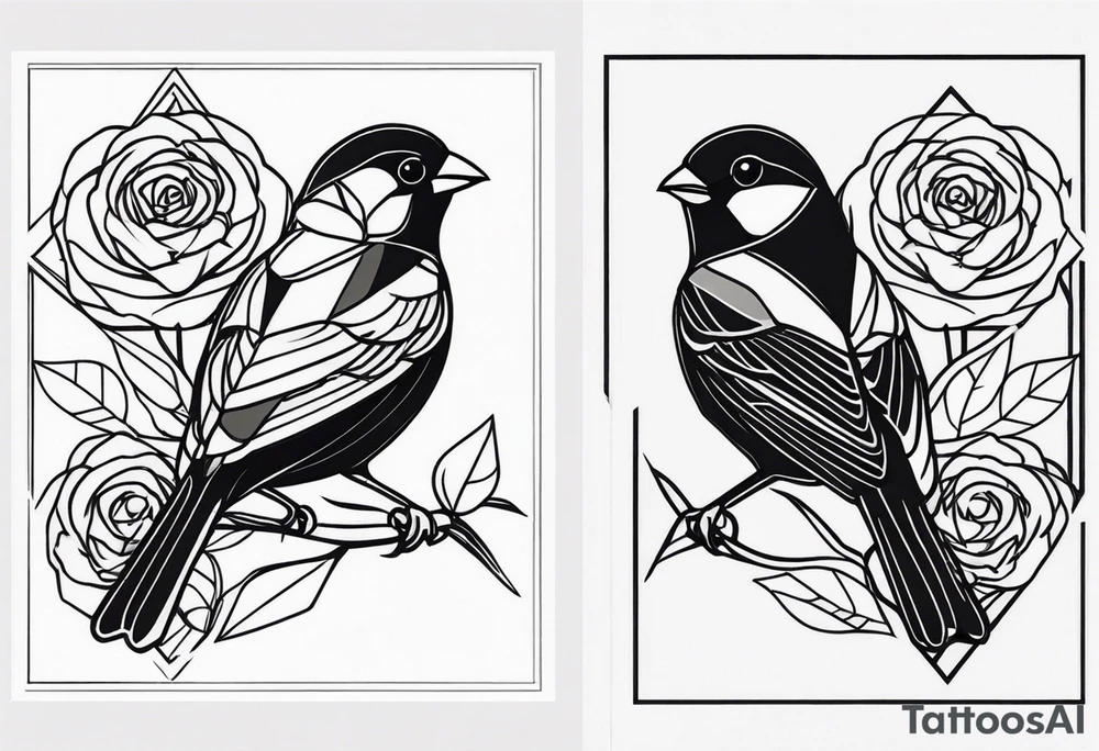 A dark sparrow tattoo with geometric shapes to cover a rose tattoo idea