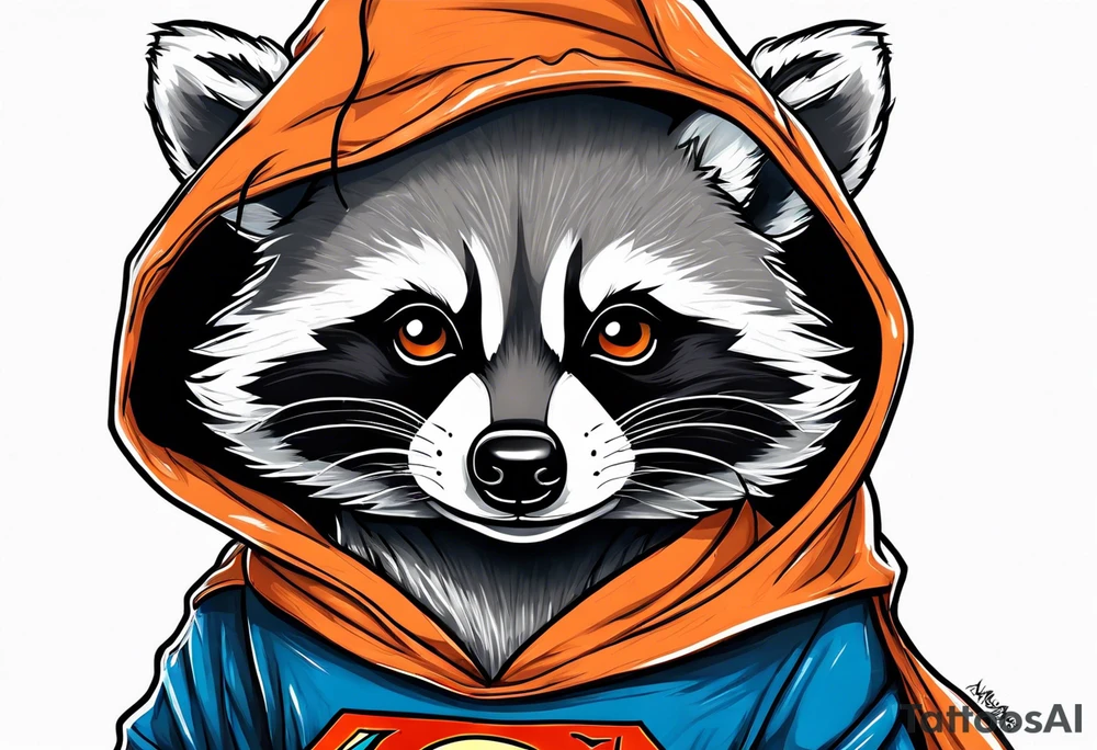 Raccoon wearing an orange Superman hoodie tattoo idea