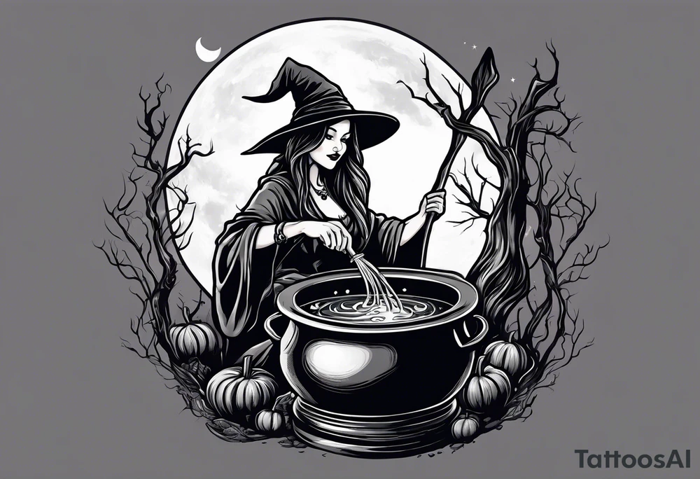 Witch stirring a cauldron under a full moon tattoo idea