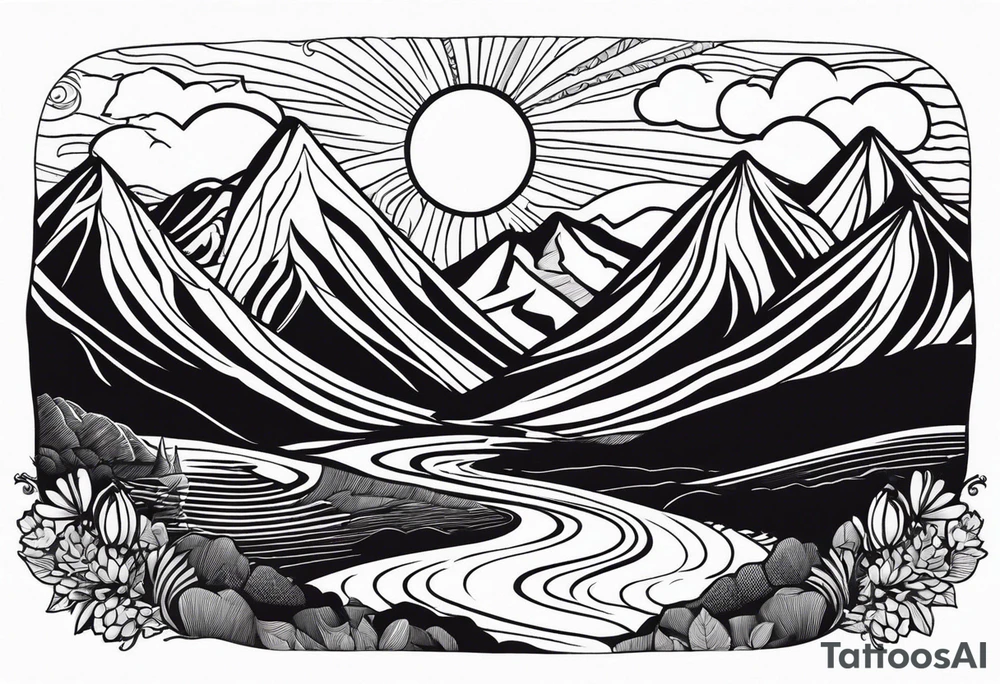 mountains, road, lake, yurt, sun, kyrgyzstan tattoo idea
