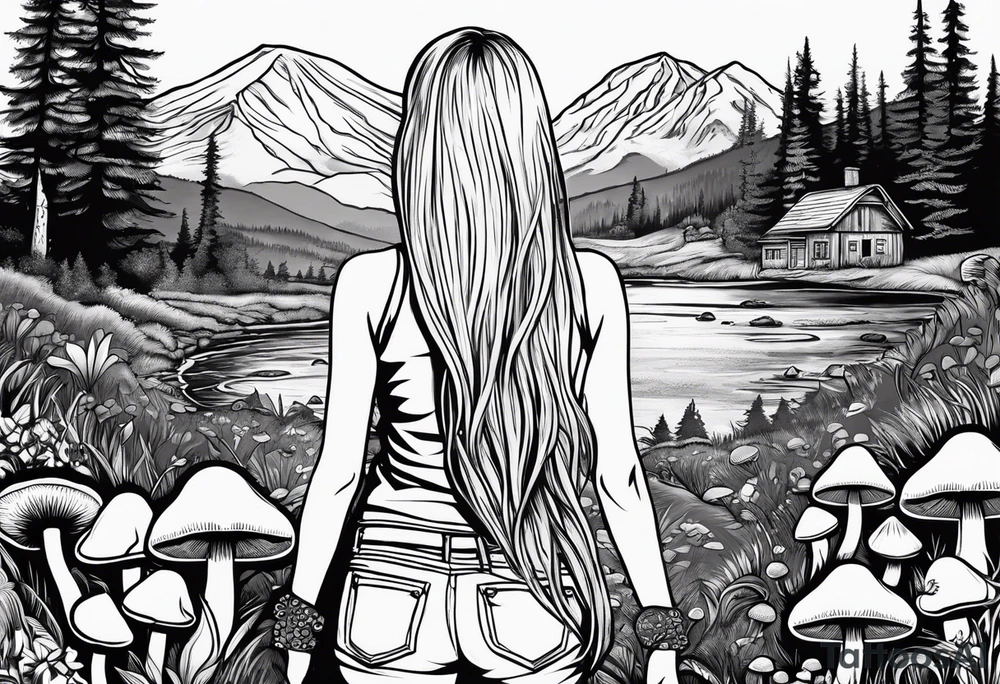 Straight long blonde hair hippie girl in distance holding mushrooms in hand facing away toward mountains and creek surrounded by mushrooms tee shirt and hiking pants tattoo idea