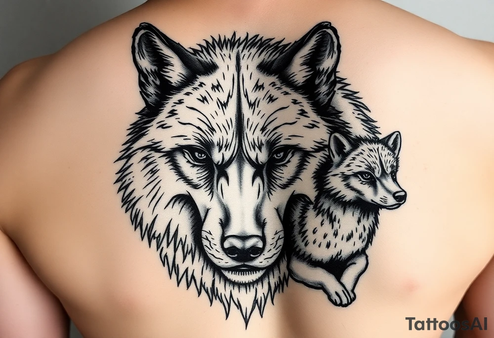 A solitary yet sublime and noble wolf and its progeny. the face tattoo idea