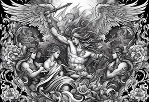 Angels fighting demons over fire with skuls in the background tattoo idea