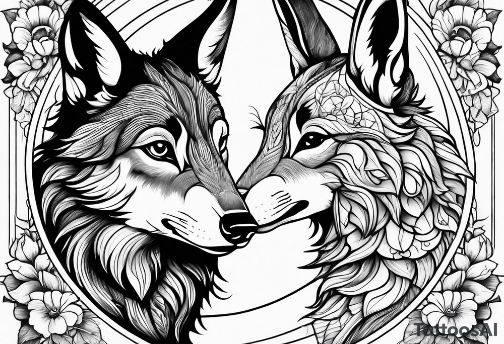 Mum and baby rabbit circled by wolf tattoo idea