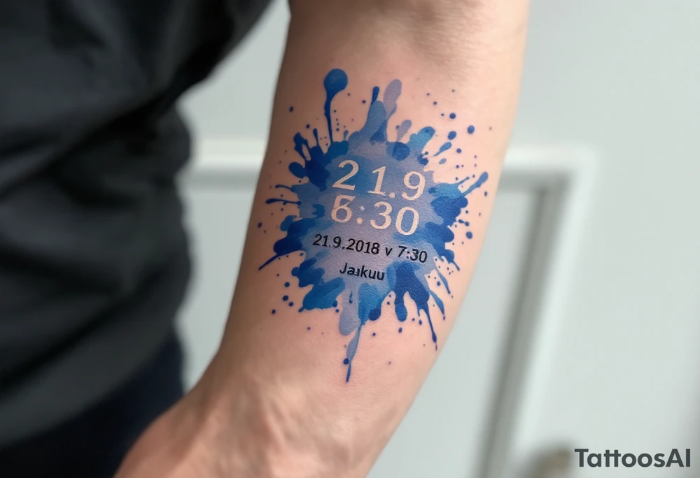 Bold numbers "21.9.2018 v 7:30" with the name "Jakub" beneath, surrounded by a blue watercolor splash. tattoo idea