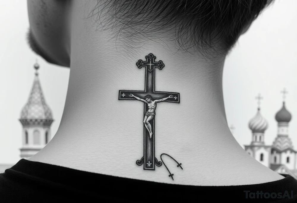 Traditional orthodox ICXC Christian cross with the small horizontal bar at the top with a plaque titulus, the central longest horizontal bar with Jesus Christ on the cross also with the slanted part of the cross where christs feet were nailed in a Russian wilderness Kremlin setting tattoo idea