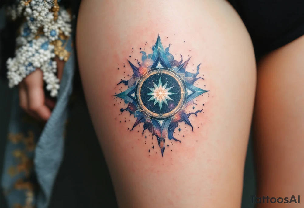 A blue-green Alatyr star rests at the center of the universe, embodying balance and divine order. tattoo idea