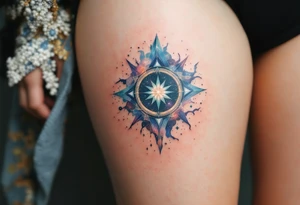 A blue-green Alatyr star rests at the center of the universe, embodying balance and divine order. tattoo idea