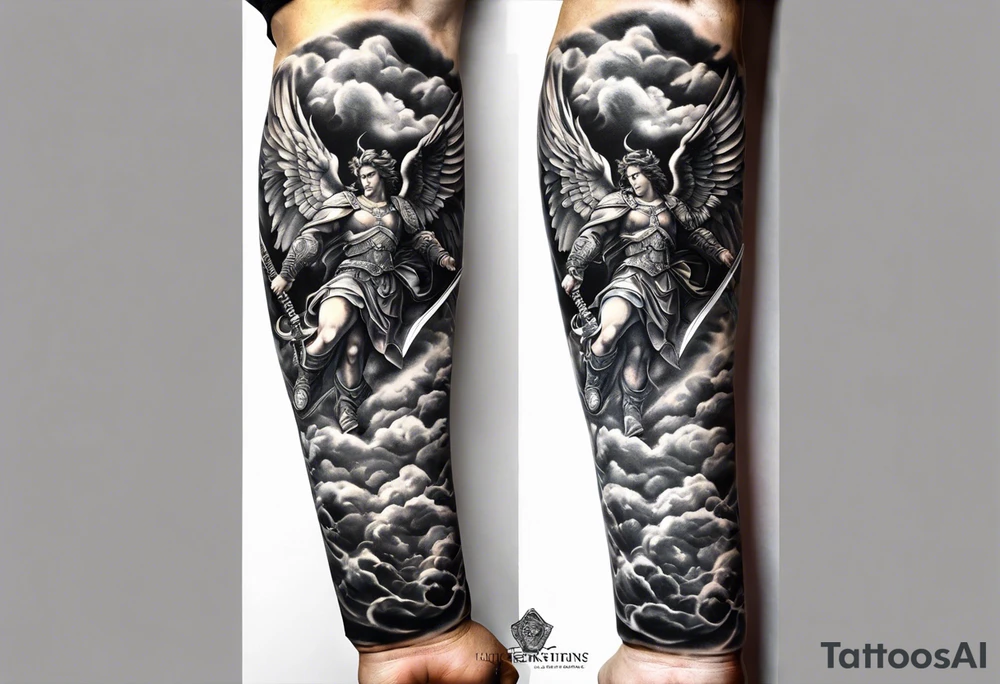 Arm sleeve of St Michael, the archangel, plunging a sword into the devil who is fallen on the stairway to heaven. Angels and demons are fighting all around in the clouds tattoo idea