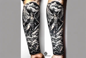 Arm sleeve of St Michael, the archangel, plunging a sword into the devil who is fallen on the stairway to heaven. Angels and demons are fighting all around in the clouds tattoo idea