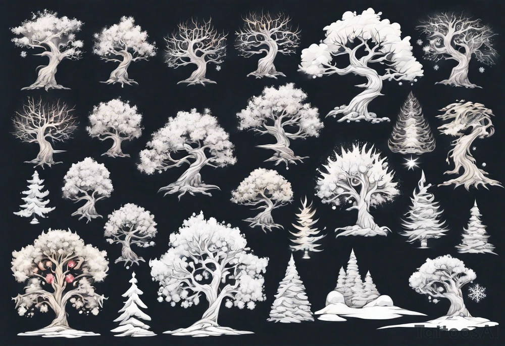Snowy fantasy tree tattoo idea