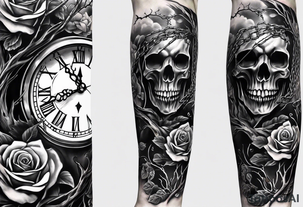tattoo fool sleeve, tree roots break out of the chains, broken mask, clock with flying numbers, girl and skull, roses tattoo idea