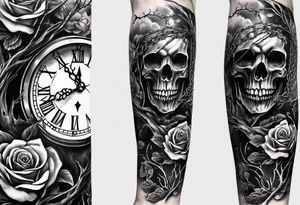 tattoo fool sleeve, tree roots break out of the chains, broken mask, clock with flying numbers, girl and skull, roses tattoo idea