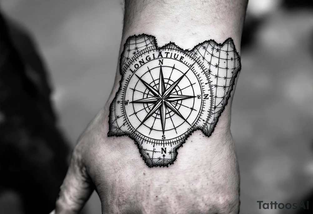 Compass on the hand in the shape of Nigeria with longitude written on the top and latitude written on the bottom. Draw long symmetrical lines leading from the arm connecting to the compass tattoo idea