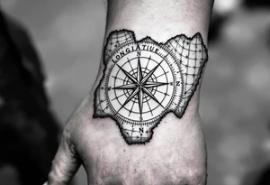 Compass on the hand in the shape of Nigeria with longitude written on the top and latitude written on the bottom. Draw long symmetrical lines leading from the arm connecting to the compass tattoo idea