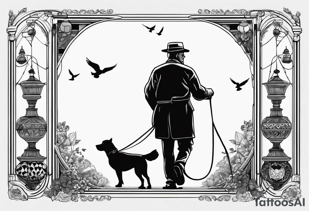 create me a  tattoo of the back of a grandfather he is holding a dog lead and walking a dog. around it is other line drawings of pigeons, dogs, rugby balls, cricket items, tools and binoculars with birds tattoo idea