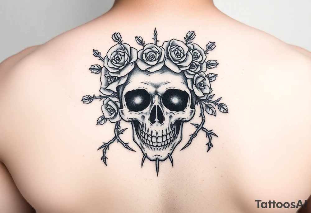 ornate skull adorned with crown of wild roses and thorns tattoo idea