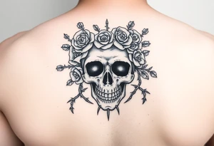 ornate skull adorned with crown of wild roses and thorns tattoo idea